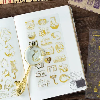 

6Pcs/Pack Funny cat gold stamping sticker For Kids DIY Diary Scrapbooking Photo Ablums