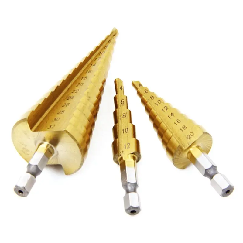 

TOP Step Drill Bit Spiral Flute Hss Steel Cone Titanium Coated Mini Drill Bit Tool Set Hole Cutter 3-12/13Mm 4-12/20/32Mm