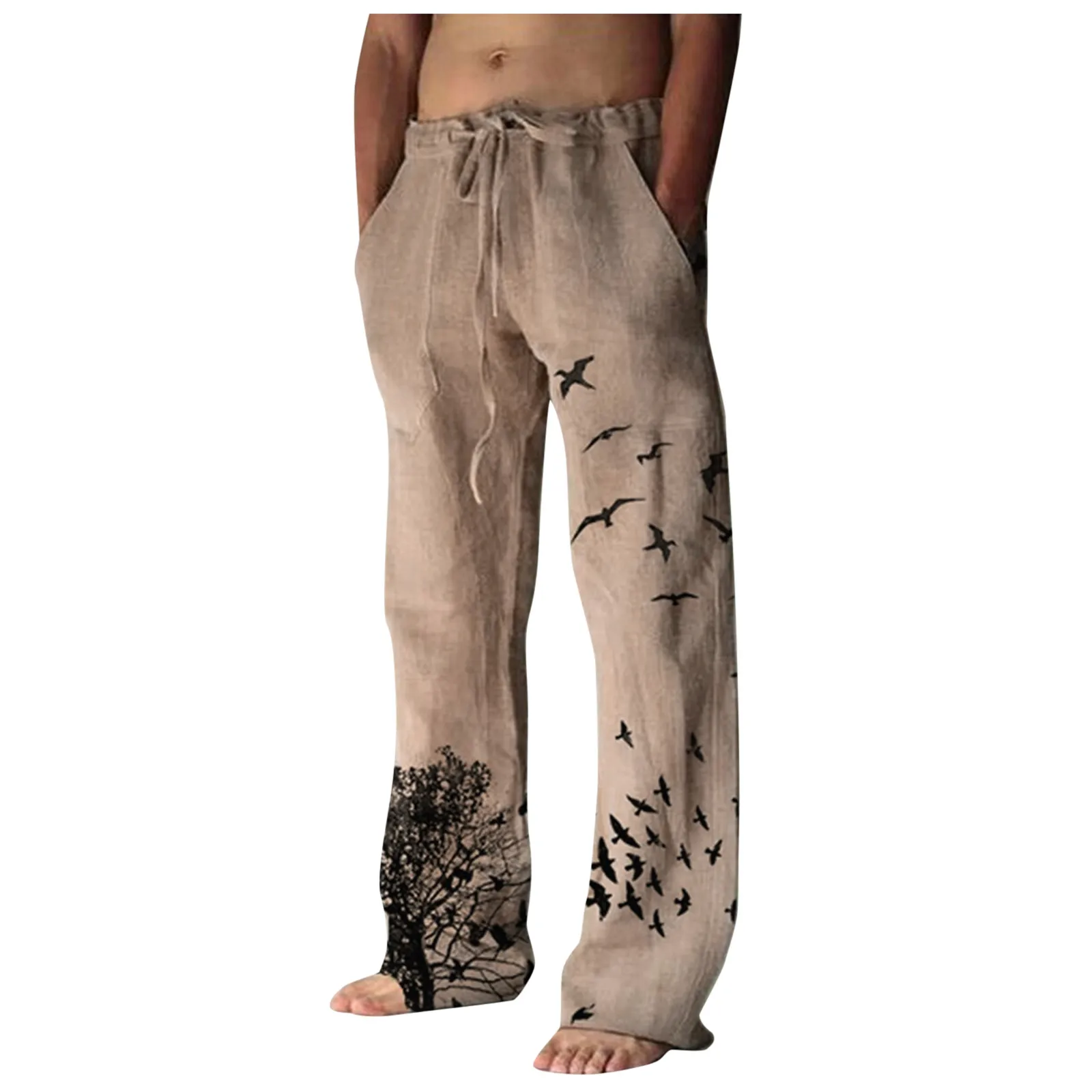 New Men's Casual Tree&bird Print Full Length Pants Pocket Drawstring Trousers Daily Simple Fashion Pants Pantalones Hombre 2021 2