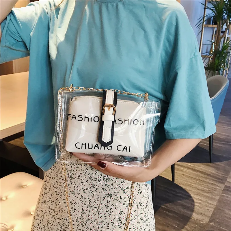 

2019 New Style Korean-style Transparent Different Size Bags Shoulder Bag Shoulder Bag Women's Lettered Printed Bag Fashion Small
