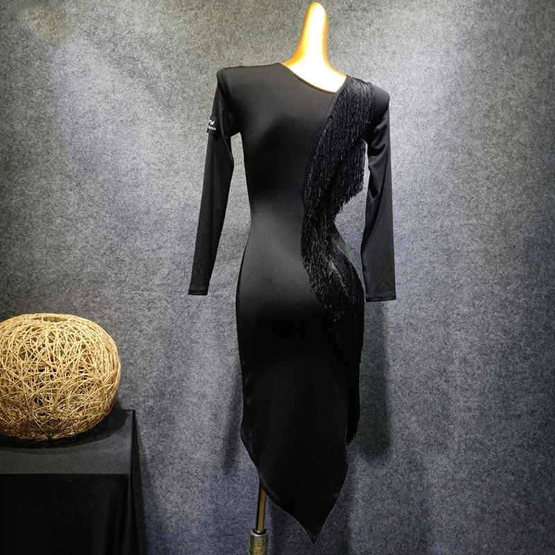 Латинское танцевальное платье дизайн конкурентов бахрома платье с длинными рукавами выполнение Румба Сальса платье осеннее платье женское VDB1077