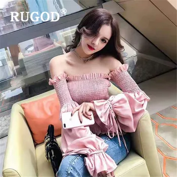 

RUGOD sexy off-shoulder top women high elastic tunic chiffon shirt spring fashion long flare sleeve short t shirt harajuku 2020
