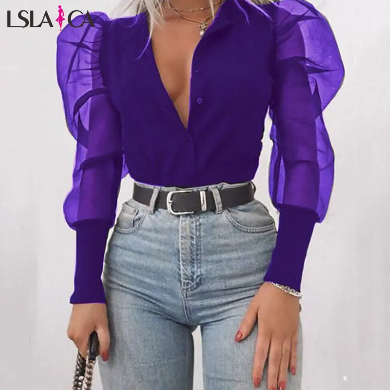Женская блузка с буфами на рукавах однотонная органза с длинным рукавом Сексуальная офисная рубашка темперамент элегантный джемпер осень - Цвет: Фиолетовый