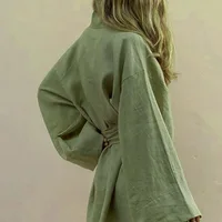 Women's V-Neck Kimono Cardigan Mini Dress Cotton Linen Long Sleeve Sashes Dresses Robe Style Lace Up Summer Loose Vestidos - Image 2
