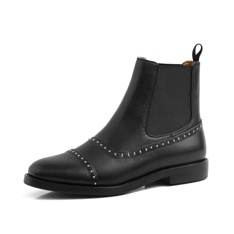 black cow leather MEMUNIA/ г.; Лидер продаж; ботильоны для женщин; обувь из натуральной кожи без застежки; модная повседневная обувь на низком каблуке с заклепками; женская обувь черного цвета - Цвет: black cow leather