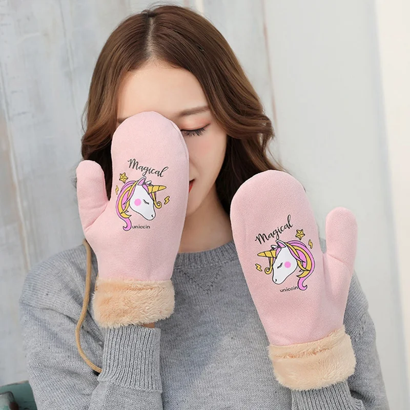 PK Женские зимние перчатки для улицы, толстые, из искусственной шерсти, кашемировые, теплые, на бретельках, велосипедные варежки, с рисунком единорога, замшевые перчатки - Цвет: PK