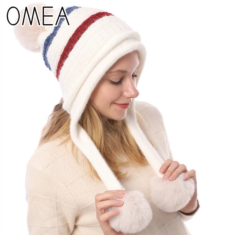 OMEA, норковая кашемировая зимняя шапка, женская шапка-ушанка, натуральный мех, шапка с помпоном, вязаная шапка в полоску, Gorros Mujer Invierno, подарок