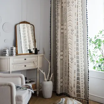 

Boho Style Geometric Window Curtains With Tassels Linen Cotton Curtains For Kitchen Living Room Home Decoration Window Treatment