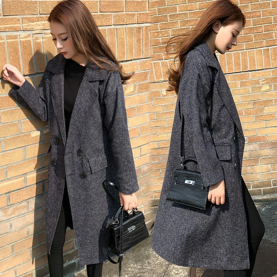 

2018 Autumn And Winter Online Celebrity New Style Korean-style Loose Casual Slimming Textured Solid Color Mid-length Coat Women'