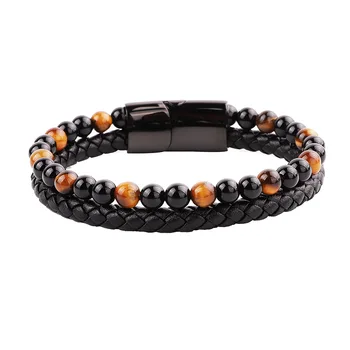 Men Bracelet Stainless Steel Genuine Leather Natural Stone Cuff Bracelet Men Women