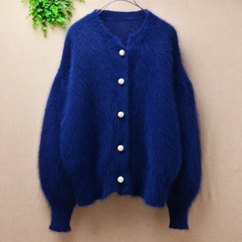 

Ladies women Spring Autumn long plush mink cashmere Coats loose lantern sleeves angora fur sweater V-neck knitwear coat jacket