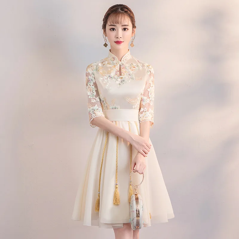 Винтажное платье на пуговицах с кисточками, женское платье Chongsam цвета шампанского, Qipao, Классическое женское платье с цветами, платье для выпускного, qipao, размер S-3XL - Цвет: style A