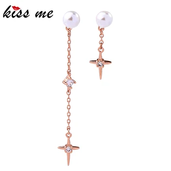 

kissme Asymmetric Luxury Zircon Star Acrylic Pearl Rose Gold Color Brass Dangle Earrings For Women Gifts 2019 Fashion Jewelry