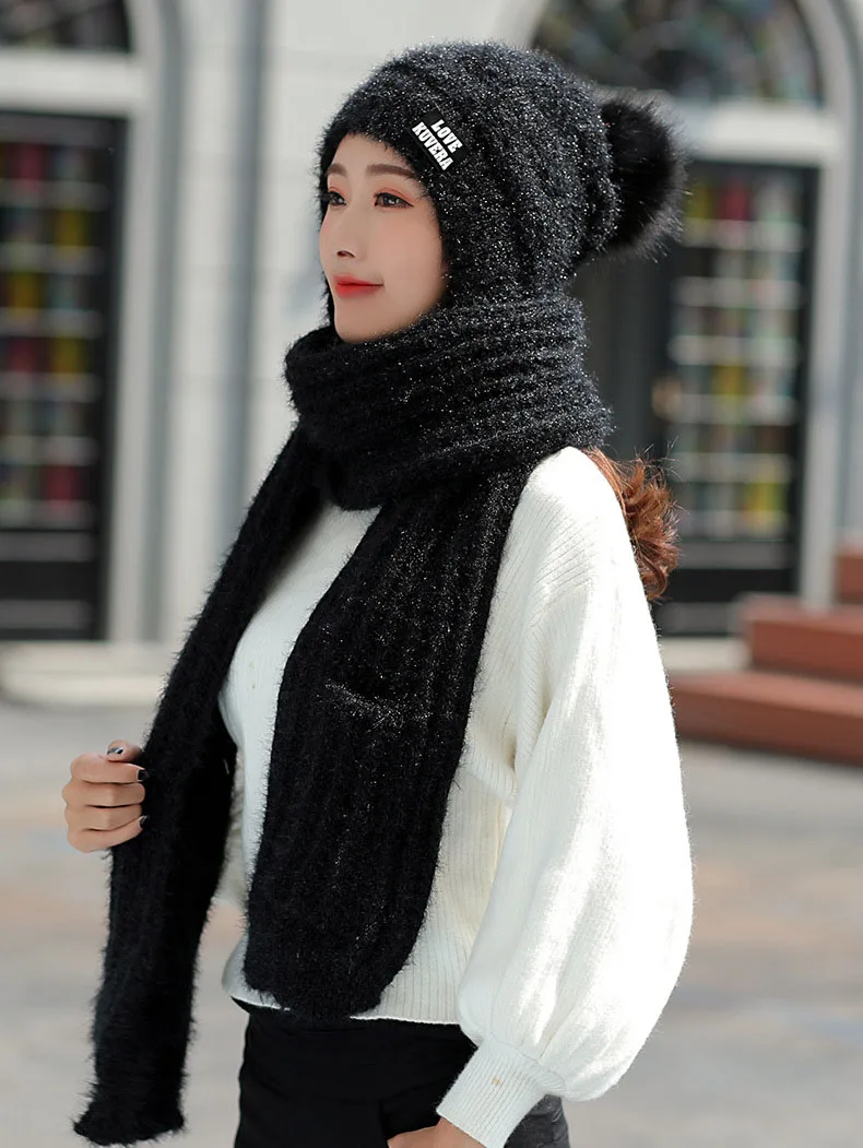 Новая женская шапка шарф 2 комплекта плюс бархатный толстый вязаный пуловер шапка женская ветронепроницаемая шапочка-маска карман длинный шарф теплая зимняя