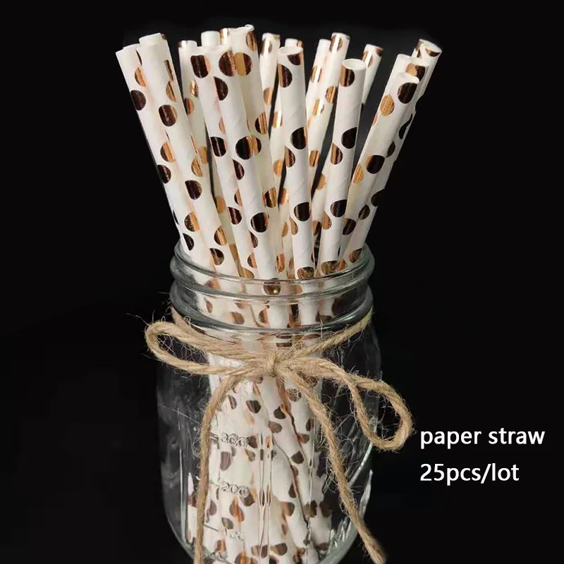 paper straws 25pcs Принадлежности для дня рождения, одноразовые столовые приборы, тарелки из розового золота, салфетки для стаканчиков для свадьбы, дня рождения, вечерние украшения - Цвет: paper straws 25pcs