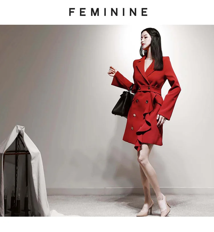 Autumn Notched Double Breasted Slim Ruffles Pencil Office Cloth Outerwear High Waist Red Women OL Blazer Coat