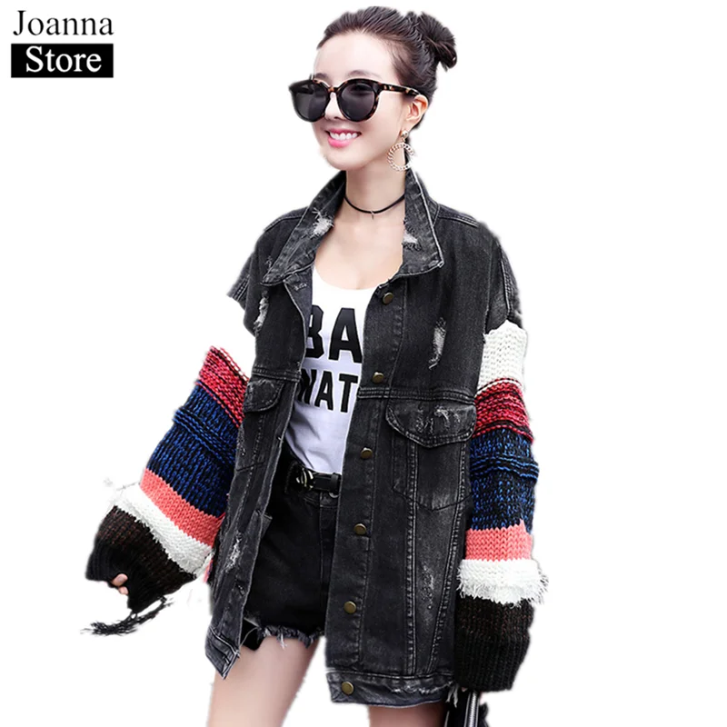 Autumn New Harajuku Denim Lapel Jacket Women Long Sleeve Knitting Stitching Tassel Black Denim Jackets Female Casual Streetwear
