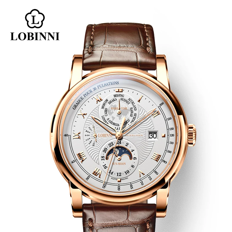 Швейцария LOBINNI мужской роскошный бренд часов Moon Phase автоматические механические мужские наручные часы Сапфировая кожа Чайка движение для мужчин t - Цвет: rose-white-brown-r