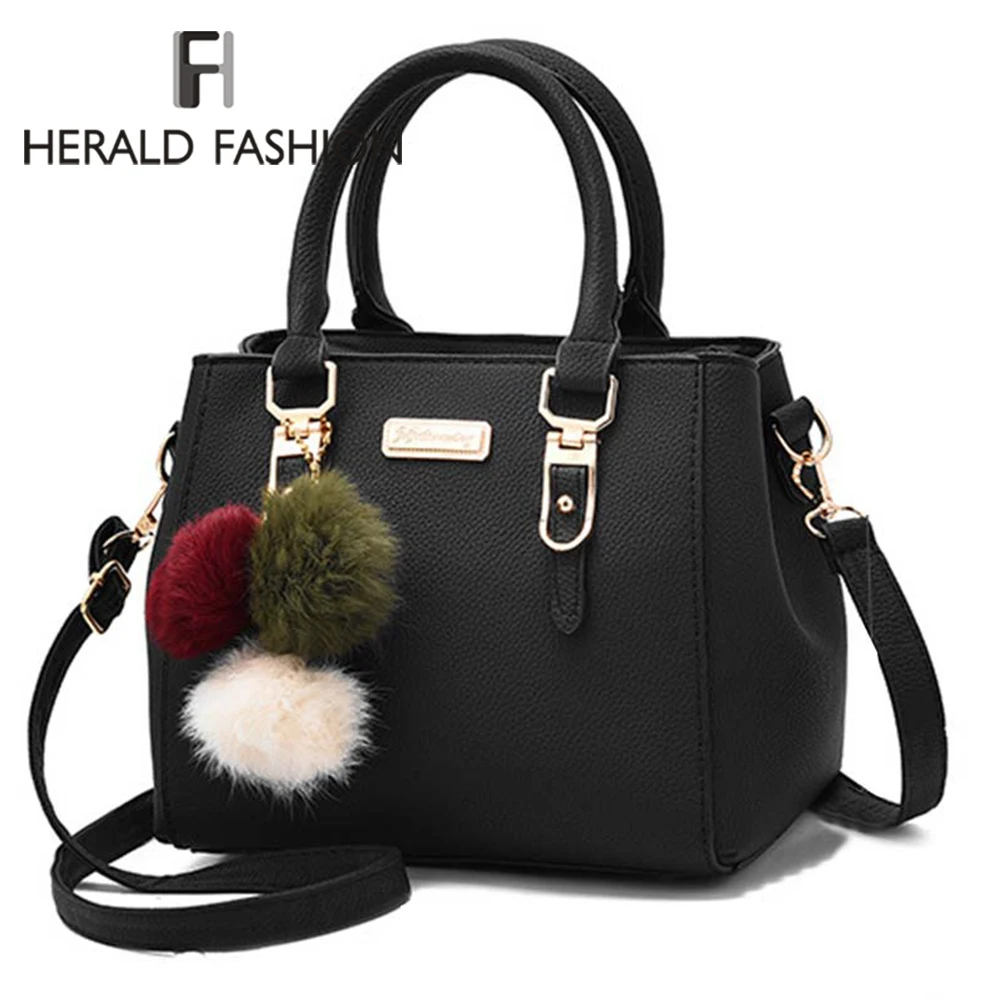 

Women Handbags Hairball PU Leather Totes Bag Top-handle Embroidery Crossbody Bag Shoulder Bag Lady Simple Style Bag
