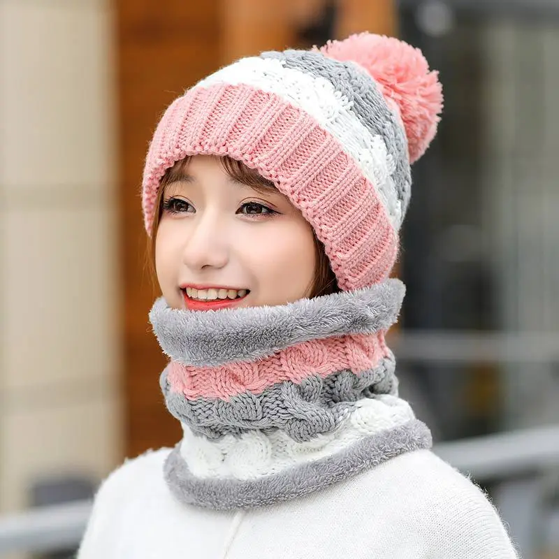 Вязаная зимняя шапка, шарф, набор для женщин, Pom Beanies, набор из шапки и шарфа для женщин, толстые теплые мягкие зимние аксессуары - Цвет: pink