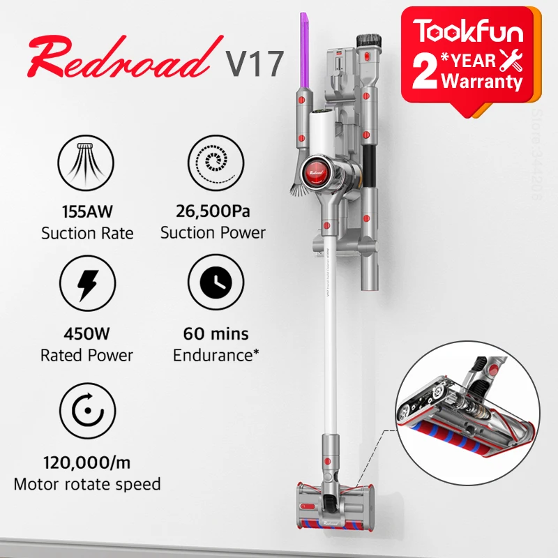 Redroad V17 Handheld Wireless Vacuum Cleaner For Home Car 155AW 26500PA Strong Cyclone Suction 450W Multifunctional Double Brush