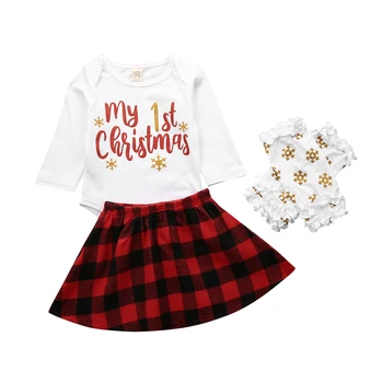 

Pudcoco Newborn Baby Girl Clothes My 1st Christmas Letter Print Long Sleeve Romper Tops Plaid Mini Skirt Leg Warmers 3Pcs Set