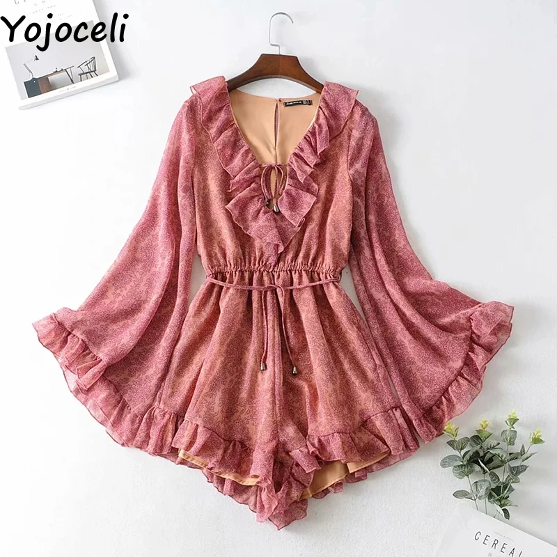 Кораллово-Красный Yojoceli, элегантный комбинезон с рюшами и расклешенными рукавами, комбинезон с принтом, повседневный крутой сексуальный короткий комбинезон, осенний пляжный шифоновый комбинезон - Цвет: Кораллово-Красный