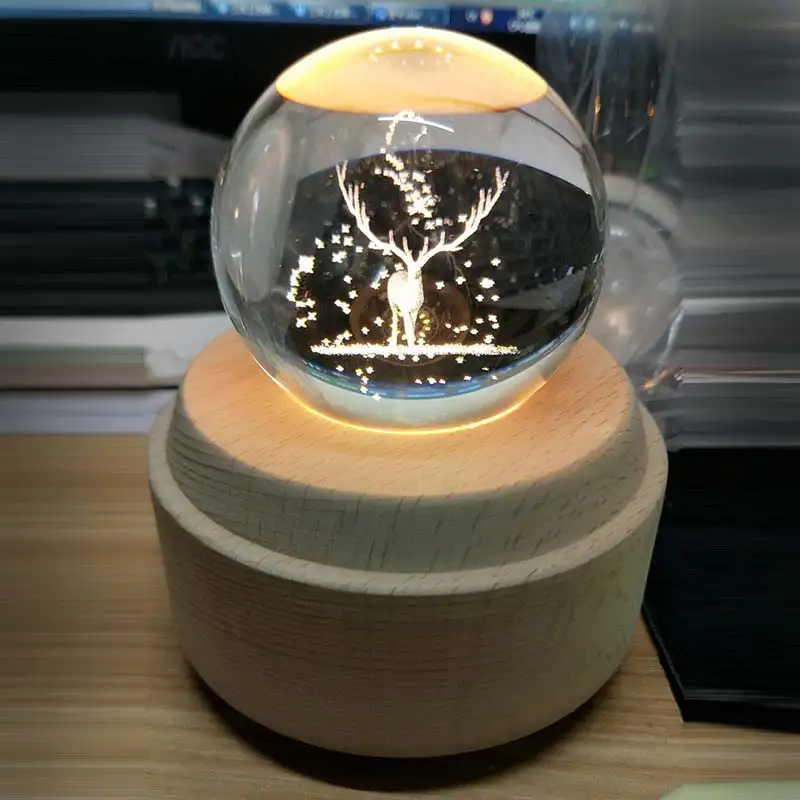 

Moon Crystal Night Light Wooden Music Box Rotary Innovative For Birthday Gift Hand Crank Mechanism Gift Room Decoration Lamp