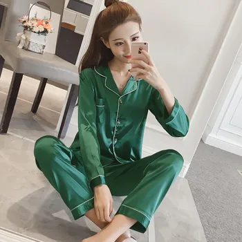 

Plus Size Pajamas Suit Womens Silk Satin Pajamas Pyjamas Set Long Sleeve Sleepwear Pijama Female Sleep 2 Piece Sets Loungewear