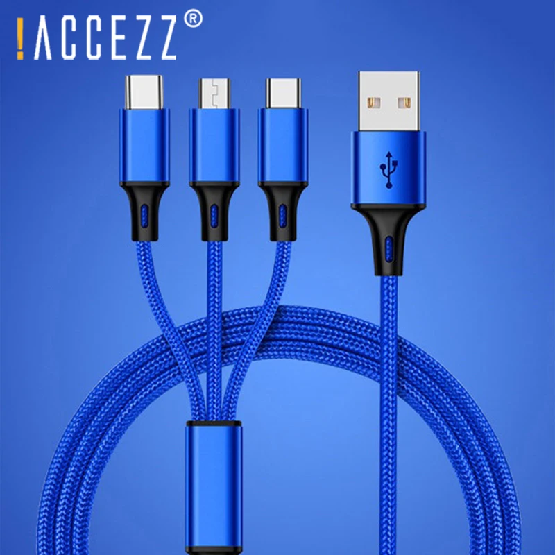 ! ACCEZZ нейлон 3 в 1 Micro USB Type C зарядное устройство кабели для Samsung Xiaomi освещение