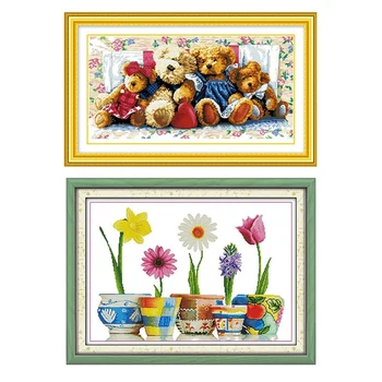 

2 Set DIY Cross Stitch Hand Embroidery - Five Vases 62 X 46 Cm 14 CT & the Little Bear Family 66X38CM 11CT