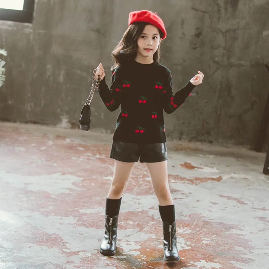Girls Sweaters Cherry Floral Girl Sweater O-Neck Knitted Children's Jumpers Autumn Preppy Style Child Clothing For Girls School