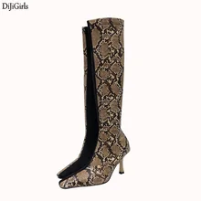 Осенние ботинки женские модные черные сапоги на высоком каблуке с принтом змеи женские высокие сапоги с острым носком на тонком каблуке женские сапоги до колена