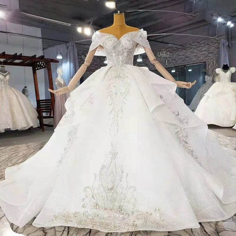 HTL2160 Shiny Metal Sequins Applique Print 2021 Wedding Dress Sweetheart Neck Backless Church Trailing Wedding Dress 3