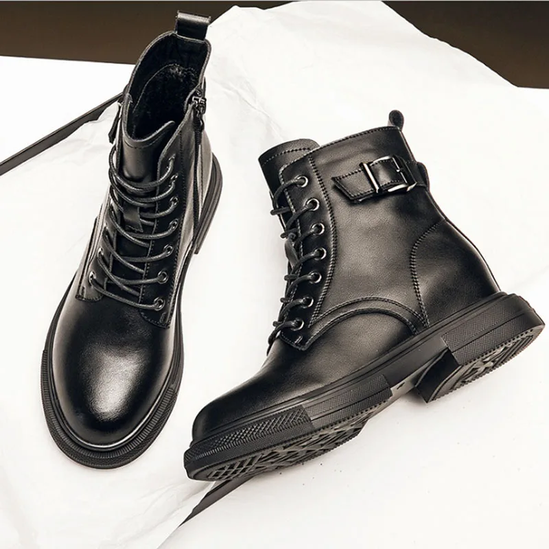 Women's increased Martin boots genuine leather autumn and winter women's boots casual flat bottomed boots plush short boots