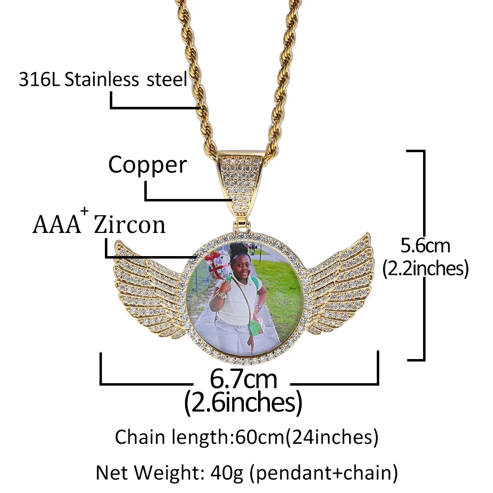 Golden Custom Made Photo With wings Medallions Necklace & Pendant 4mm Tennis Chain Cubic Zircon Men's Hip hop Jewelry Solid Back