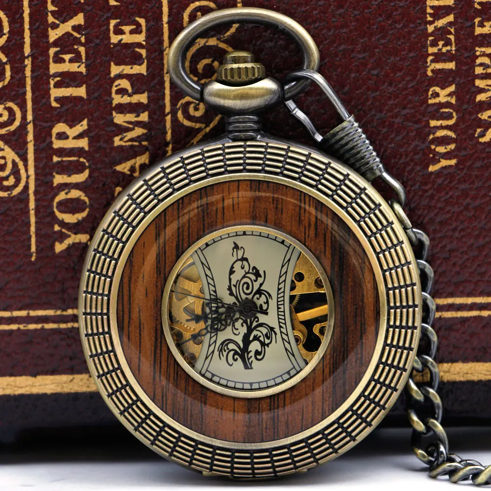 

5PCS Vintage Wood Circle Carved Mechanical Pocket Watch Romen Number Dial Men Bronze Mechanical Clock With Fob Chain PJX051
