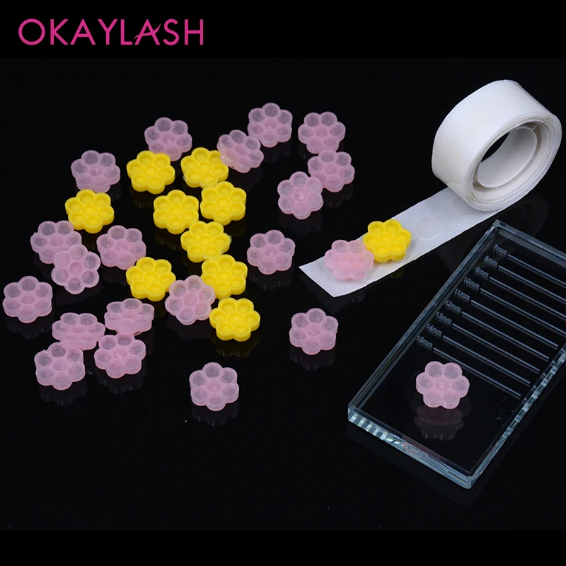 

OKAYLASH Newest 100PCS/Set Baby Pink Eyelash Glue Holder Grafting Eyelash Extension Flower Glue Gasket Pallet Delay Cup