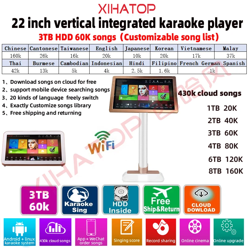 XIAHTOP Karaoke Player Machine Android with 3TB HDD 60K Songs,Chinese,English Touch Screen Karaoke System,22'',Home KTV Sing