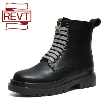 

REVT Martin boots women summer autumn leather mid-tube leather women's boots thick-soled leather boots British style long short