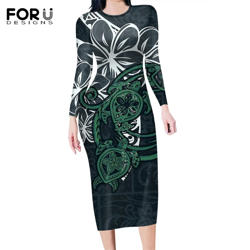 

FORUDESIGNS Polynesian Plumeria Sea Turtlr Style Women Round Neck Long Sleeve Slim Pencil Dress Ladies Casual Bodycon Dresses