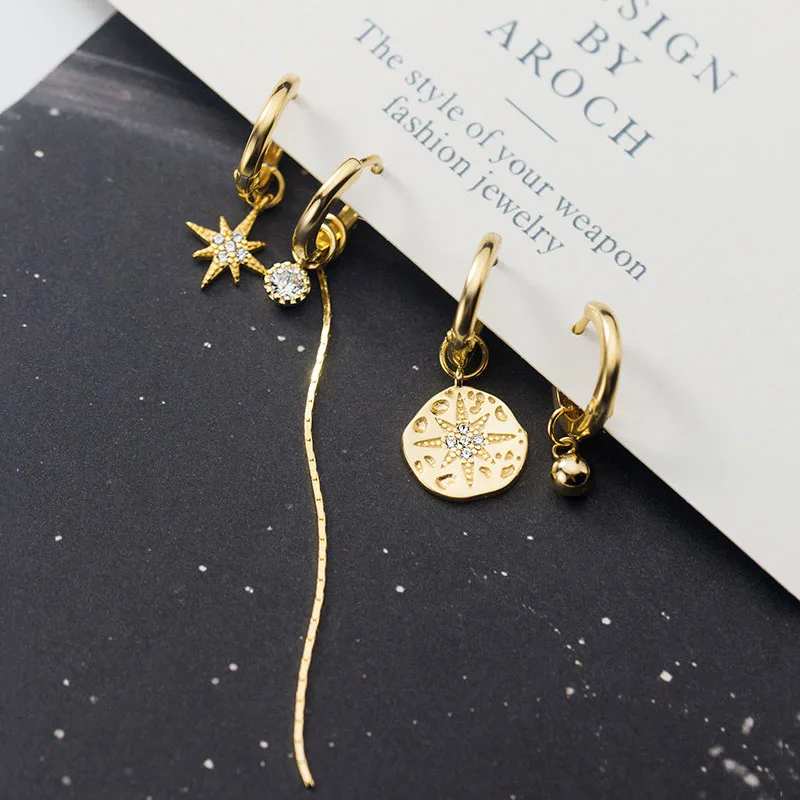 Pendientes de aro asimétricos con borla de estrellas para mujer, de Plata de Ley 925, aretes de oro de disco redondo, joyería de boda CZ S-E1344