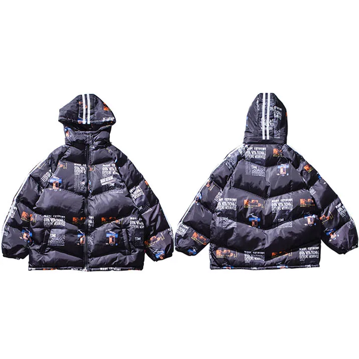Куртка с капюшоном в стиле хип-хоп, парка с графическим принтом, уличная одежда, мужская ветровка с капюшоном, Harajuku, зимняя стеганая куртка, пальто, теплая верхняя одежда - Цвет: A21L001 Black