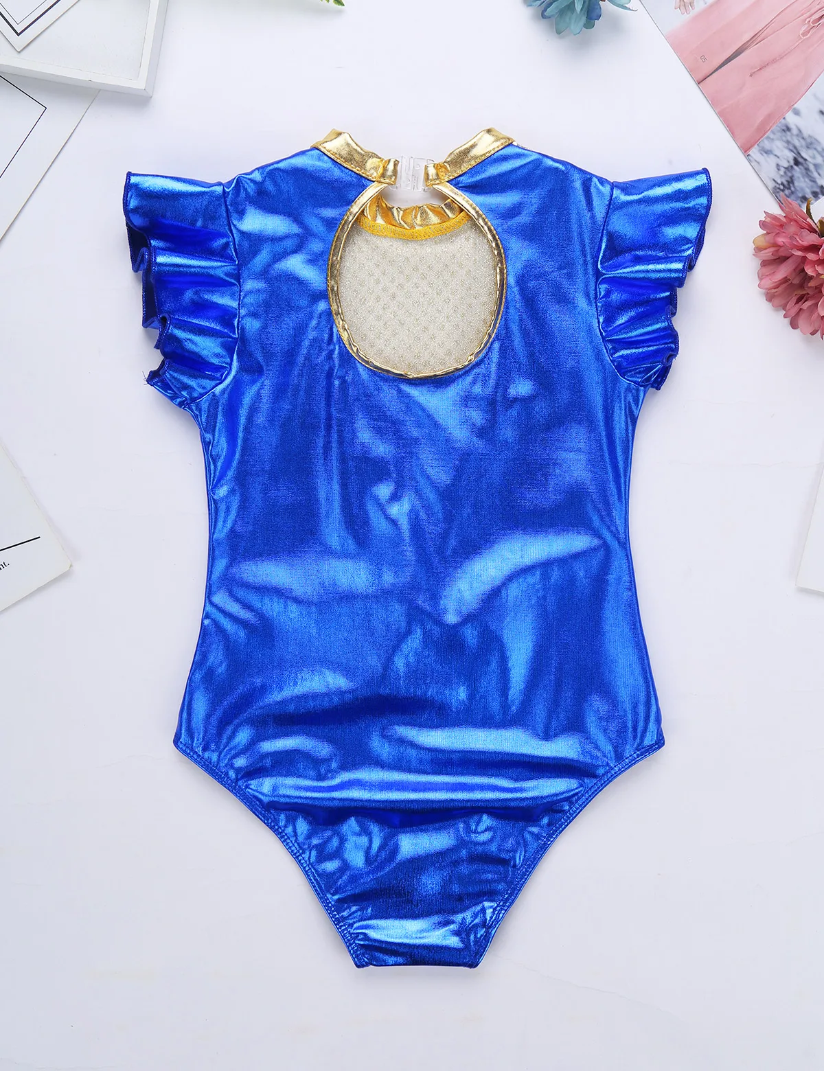 ChicTry Kids Girls Short Flutter Sleeves Sequined Metallic Gymnastics Leotard Child Ballet Costume Stage Performance Dance Wear