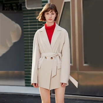 

[EAM] Loose Fit Apricot Waist Bandage Big Size Jacket New Lapel Long Sleeve Women Coat Fashion Tide Spring Autumn 2020 1D126