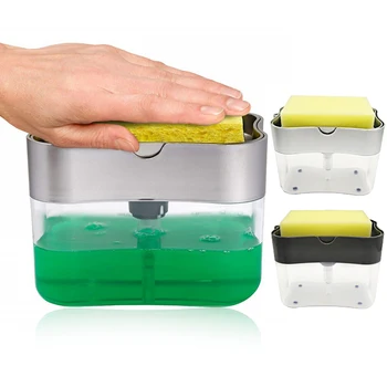 

2-in-1 Soap Dispenser With Sponge Holder Hand Press Double Layer Sponge Box Kitchen Cleaner Tools Kitchen Accessories