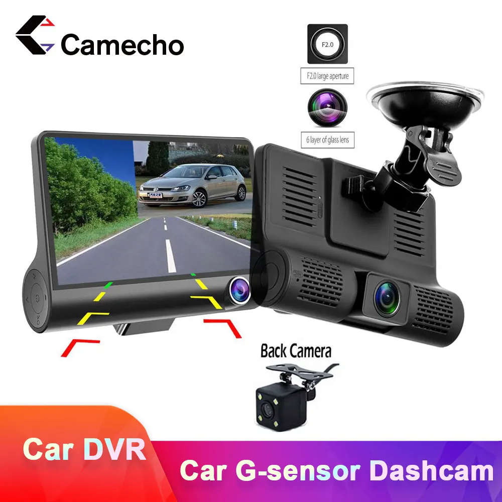 Camecho 4 дюйма Трехходовой Видеорегистраторы для автомобилей FHD тремя объективами