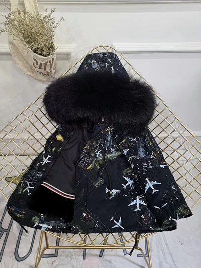 Children Winter Jacket Graffiti Boys Girls Real Fur Coat Thick Warm Rabbit Fur Kids Jacket Coat Furry Natural Fur Collar TZ428 - Цвет: Aircraft Black Fur