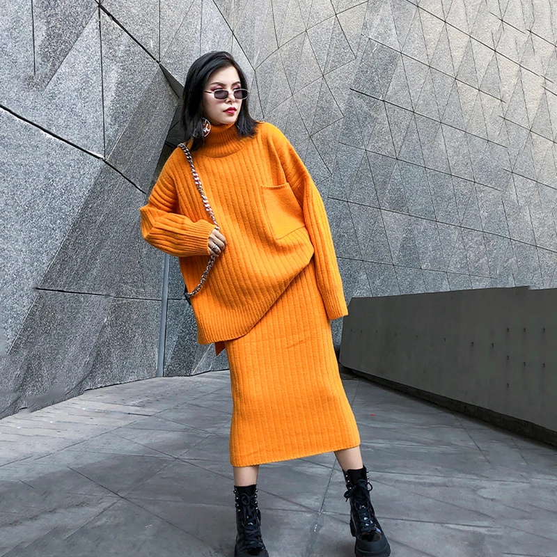 [EAM] Half-body Skirt Knittng Big Size Two Pieces Suit New Turtleneck Long Sleeve Loose Women Fashion Spring Autumn 1K341