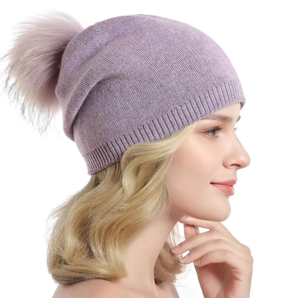 light purple Зимние женские кашемировые вязаные шапки с натуральным мехом, с большими пушистыми помпонами из енота, шерстяные теплые шапочки с громоздкими шапочками, женская модная шапка Skullies - Цвет: light purple